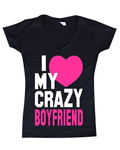 Shop4Ever® I Love My Crazy Boyfriend Women's V-Neck Couples Shirts SLIM FIT