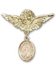 Gold Filled Baby Badge with St. Basil the Great Charm and Angel with Wings Badge Pin