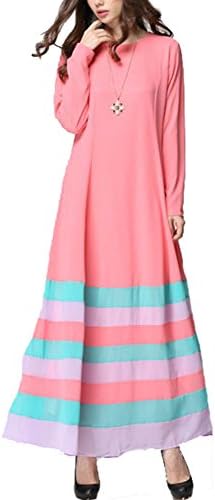 Heart1st Women Vintage Striped Kaftan Abaya Jilbab Maxi Dress (L, PINK)