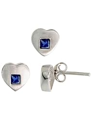 Sterling Silver Matte-finish Heart Earrings (8mm tall) & Pendant Slide (9mm tall) Set, w/ Princess Cut Blue Sapphire-colored CZ Stones