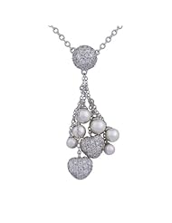 Rhodium Plated Sterling Silver White Shell Pearl and Simulated Diamond Heart and Bead Shaped Necklace, 18"