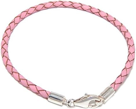 925 Sterling Silver Pink Braided Leather Bracelet Lobster Claw Clasp (Choose Your Size) (7.1)