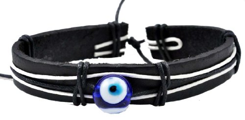 Black Leather White Hemp Evil Eye Leather Bracelet, #43
