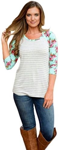 Floral Stripe Print T-Shirt KIOP Womens Ladies Round Neck Blouse