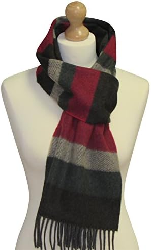Irish Merino Cashmere Wool Scarf by John Hanly Ireland. 78" x 10" Long Scarf for Men and Women (Dark brown, ruby red, dark green and sand horizontal stripes)