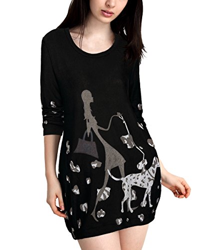 DJT Womens Scoop Neck Long Sleeve Stretchy Printed Casual Blouse Top
