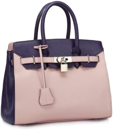 Nucelle Contrast Color Women's Leather Top Handle Handbags Padlock Office Tote Handbag Top Zipper School Bag Purse Satchel (Purple and Pink)