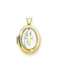 Solid Yellow Gold Mother Of Pearl Cross Locket 5/8 inch x 3/4 inch