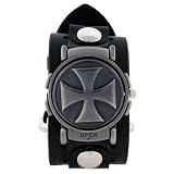 Buy Flip Top Steel Cross Trendy Design Round Steel White Case Punk Rocker Biker Black Wide Leather Band... by Watch Pavilion