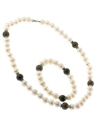 Freshwater Pearl Necklace and Bracelet Set with Smokey Quartz and Green Cubic Zirconia Spacers (8.5-9mm) - 18" Necklace, 7" Bracelet