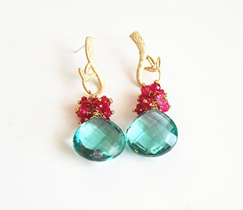 Gorgeous Sage Green Quartz and Shaded Ruby Cluster Dangle Earrings- Drop Earrings.