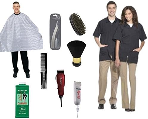 Standish Barber Student Kit including cape, razor, bristle brush, barber jacket, comb, neck duster, talc, and shears