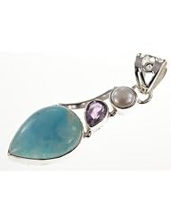 925 Sterling Silver LARIMAR, AMETHYST, PEARL Pendant, 1.75", 5.39g