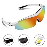 POSHEI P02 Polarized UV Protection Sports Glasses For Men Or Women, Cycling Wrap Sunglasses With 5 Interchangeable Lenses Unbreakable, For Riding Driving Fishing Running Golf And Outdoor Activities (White)
