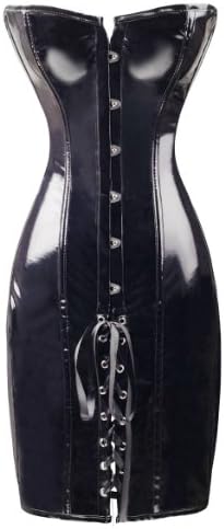 Bslingerie Womens Lace Up Back Shiny PVC Corset Dress With Mathing Thong