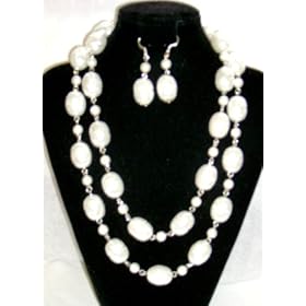 One Strand Large White Beads Separated By Silver and Small Pearls Long Chain Necklace and Earrings...