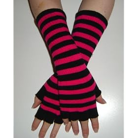 Long Magic Fingerless Gloves - Pink & Black Stripe - One size