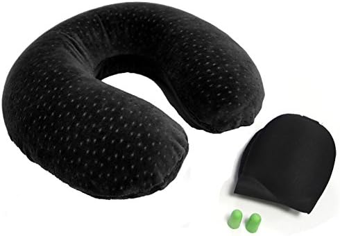 MORETON Memory Foam Travel Pillow - Black - with Sleep Mask, Earplugs and Carry Bag