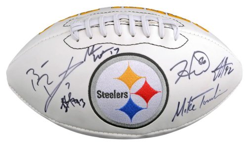 Signed Ben Roethlisberger, Mike Wallace, Hines Ward, James Harrison, Troy Palolamalu, & Mike Tomlin Logo Football - SM Holo