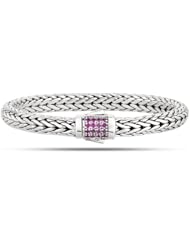 Rhodium Plated Weave Pink Sapphires Bracelet In Sterling Silver With Textured Edges