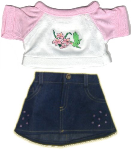 Pink Hummingbird T-shirt w/ Denim Sparkle SkirtOutfit fits 8-10 Stuffed Animals like Webkinz, Shining Star and 8 - 10 Stuffed Animals