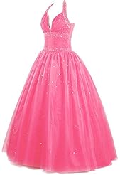 Halter Backless Lace-Up Beaded Sequined Floor Length Organza   Ball Gown Prom Dress/Quinceanera Dress 