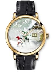 SPRAWL Aanalog Fashion Series Gold Ladies Watches of Genuine Black Leather Strap,Unique Wrist Watch for Women Girls Designed with Cute snowmen