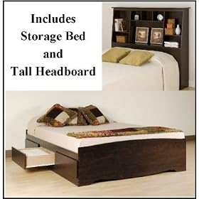 Full Size Storage bed PLUS Tall Storage Headboard (ESPRESSO) by Prepac Manufacturing
