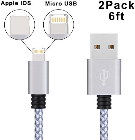 CELLACC 2Pack 8Pin 2in1 Lightning &amp; Micro USB Cable with Aluminum Heads for iPhone 6/6s/6 Plus/5/5c/5s/SE, iPad, Samsung, HTC, Nexus, Nokia, Sony and More(White)