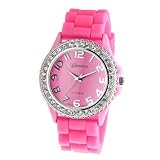 Womens Geneva PINK Platinum Silicone Rubber Jelly with CZ Crystal Rhinestones Face Bling Bezel