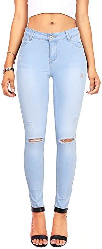 Wax Women's Juniors Distressed Slim Fit Stretchy Skinny Jeans (1, Light Denim)