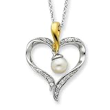 Sterling Silver and Accented with Gold Plating Cultured Pearl 18 Inch Heart Necklace