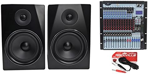 Package: Peaveys FX2 16 16 Channel Professional Mixer + Pair of Rockville APM8B 8" 2-Way 500W Powered USB Studio Monitor Speakers in Black+ 10' Nickel-Plated 1/4" TRS to Dual 1/4" TS Cable