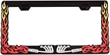 STEEL, License Plate Frame, for Autos,BLACK, Chrome Exhaust Headers, and Yellow/Orange Flames,