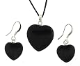 Black Jasper Heart-Shaped Pendant Necklace with Adjustable Black Cord and Matching Black Jasper Heart-Shaped Earrings