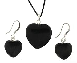 Black Jasper Heart-Shaped Pendant Necklace with Adjustable Black Cord and Matching Black Jasper Heart-Shaped Earrings