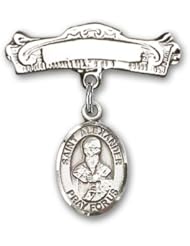Sterling Silver Baby Badge with St. Alexander Sauli Charm and Arched Polished Badge Pin