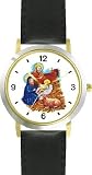 Nativity Scene in Manger Christian Theme - WATCHBUDDY DELUXE TWO-TONE THEME WATCH - Arabic Numbers - Black Leather Strap-Women's Size-Small