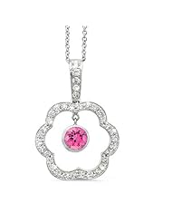 Open Carnation Floral Diamond Pendant With A Round Center Stone In 18K White Gold With A 0.55 ct. Genuine Pink Tourmaline Center Stone.