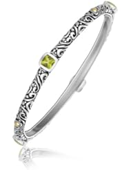 18K Yellow Gold and Sterling Silver Fancy Square Peridot Stationed Bangle