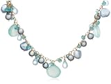 14k Yellow Gold Silver Freshwater Pearl, Apatite, Blue Topaz and Chalcedony Necklace