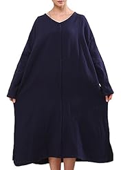 V-neck Linen Slit Long Sleeves  Dress