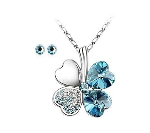 Parure Collier et Clous d'Oreille Trèfle 4 feuilles Coeur Porte-Bonheur en Cristal de Swarovski et chaîne en plaqué Or blanc 18 carats - Bleu Lagon