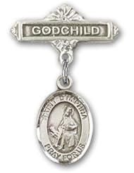 Sterling Silver Baby Badge with St. Dymphna Charm and Godchild Badge Pin