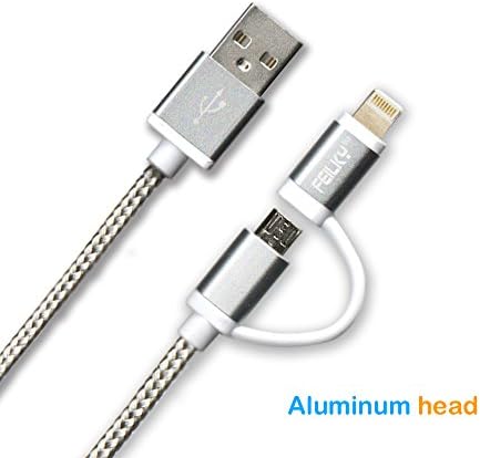 [Apple MFI Certified ]Feilky 3ft Nylon Braided Jacket 2-in-1 Lightning Cable With 8 Pin& Micro USB Connectors for iphone 5,iphone5s,iphone 5c,6,6plus,ipad Air Mini,iPod5,Sumsung,HTC,Huawei(Silver)