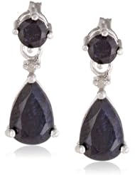 Sterling Silver, Diamond Accent and Sapphire Linear Teardrop Post Earrings