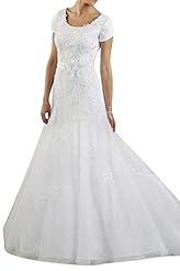 Modest Lace Fit-and-Flare Short Sleeves Scoop Neck Wedding Dress 