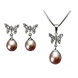 Sunlight Butterfly Drop Pearl Platinum Overlay Sterling Silver Pendant Necklace & Earrings Set, Peach Pink