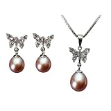 Sunlight Butterfly Drop Pearl Pendant Necklace & Earring Set, Peach