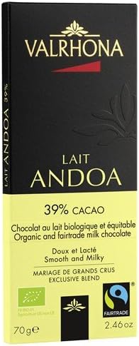 Valrhona French Chocolate -Organic and Fair Trade Milk Chocolate Lait Andoa 39% Cocoa Bar, 70g/2.46oz.